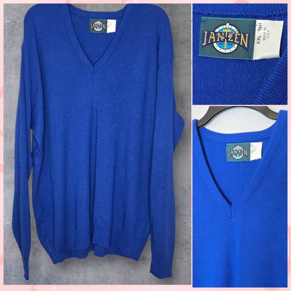VTG Jantzen XXL Tall Royal Blue V-Neck Sweater‎ Made USA Grandpacore Academia